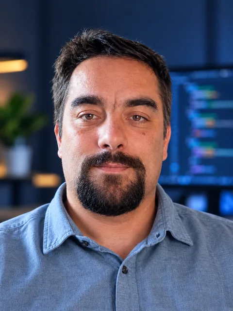 Porträt von Mike Dzellak im Büro, im Hintergrund ein Bildschirm mit Programmcode