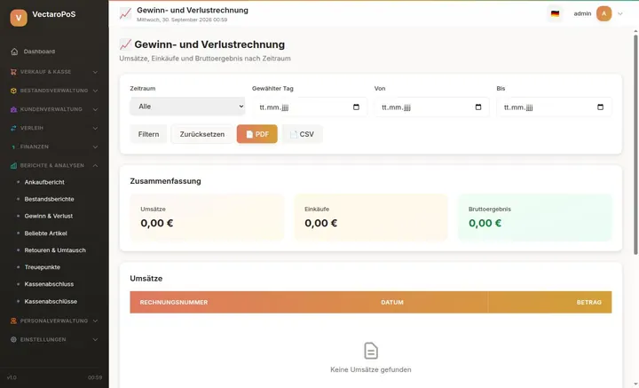 Gewinn- und Verlustrechnung mit PDF- und CSV-Export