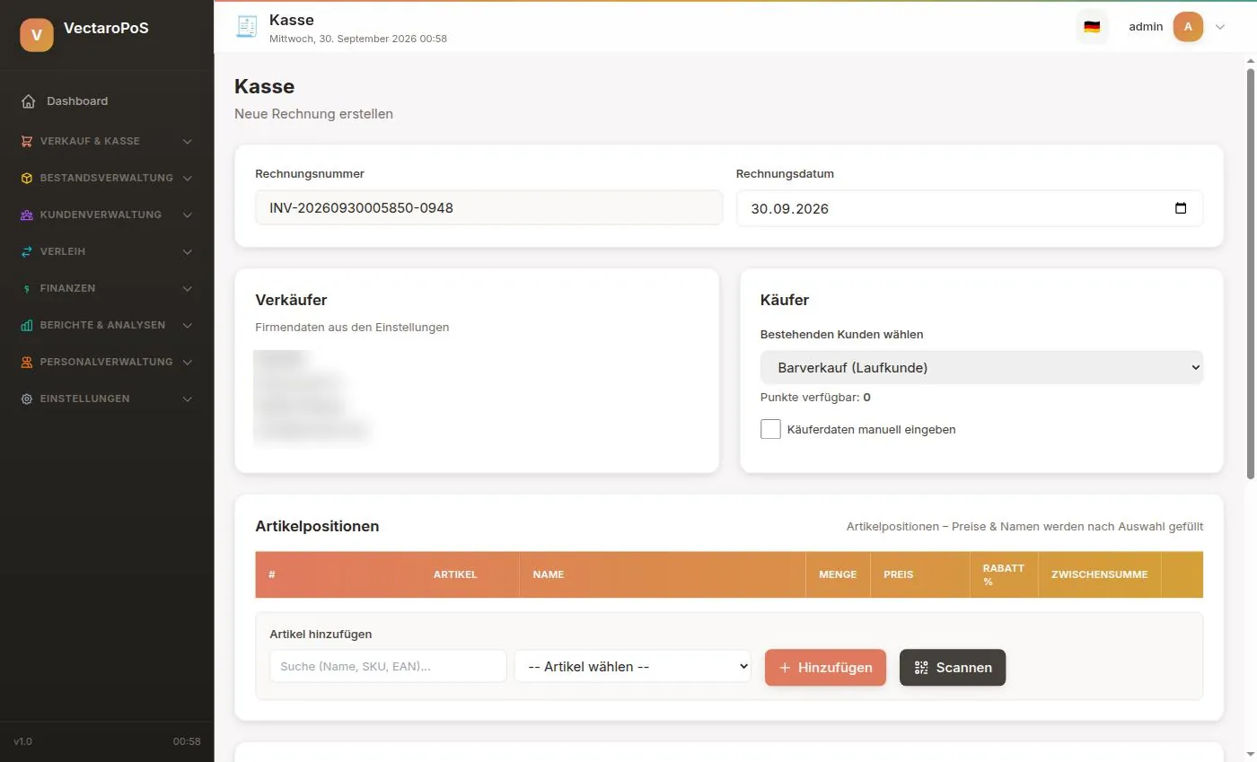 VectaroPOS-Kasse: neue Rechnung mit Kundenauswahl, Artikelsuche und Barcode-Scan